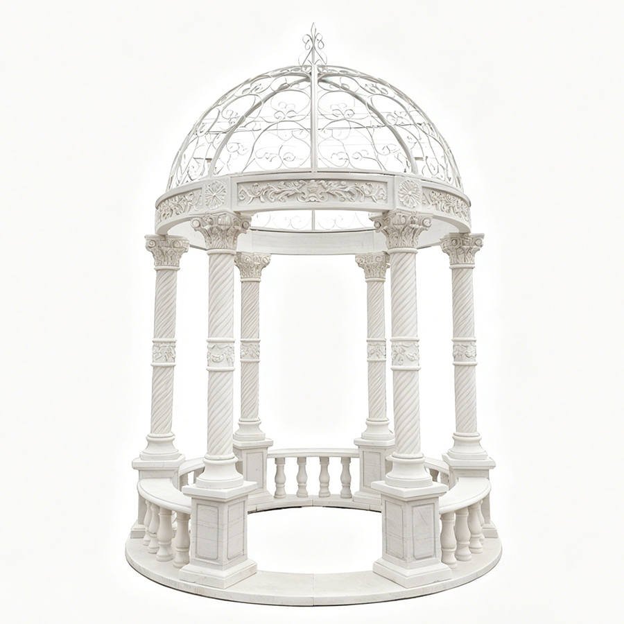 Intricately crafted white marble gazebo featuring ornately carved columns and a decorative wrought-iron dome.