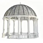 Elegant white marble gazebo with detailed iron dome featuring intricate scrollwork, supported by carved columns and balustrades.