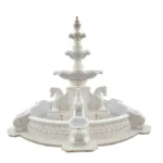 Exquisite multi-tiered white marble water fountain with intricately carved horses and decorative details, showcasing luxury design.