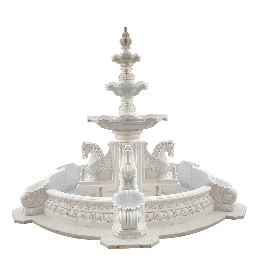 Exquisite multi-tiered white marble water fountain with intricately carved horses and decorative details, showcasing luxury design.