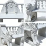 White marble bench featuring intricate carvings, lion sculptures, winged accents, and decorative railing in a classic design.