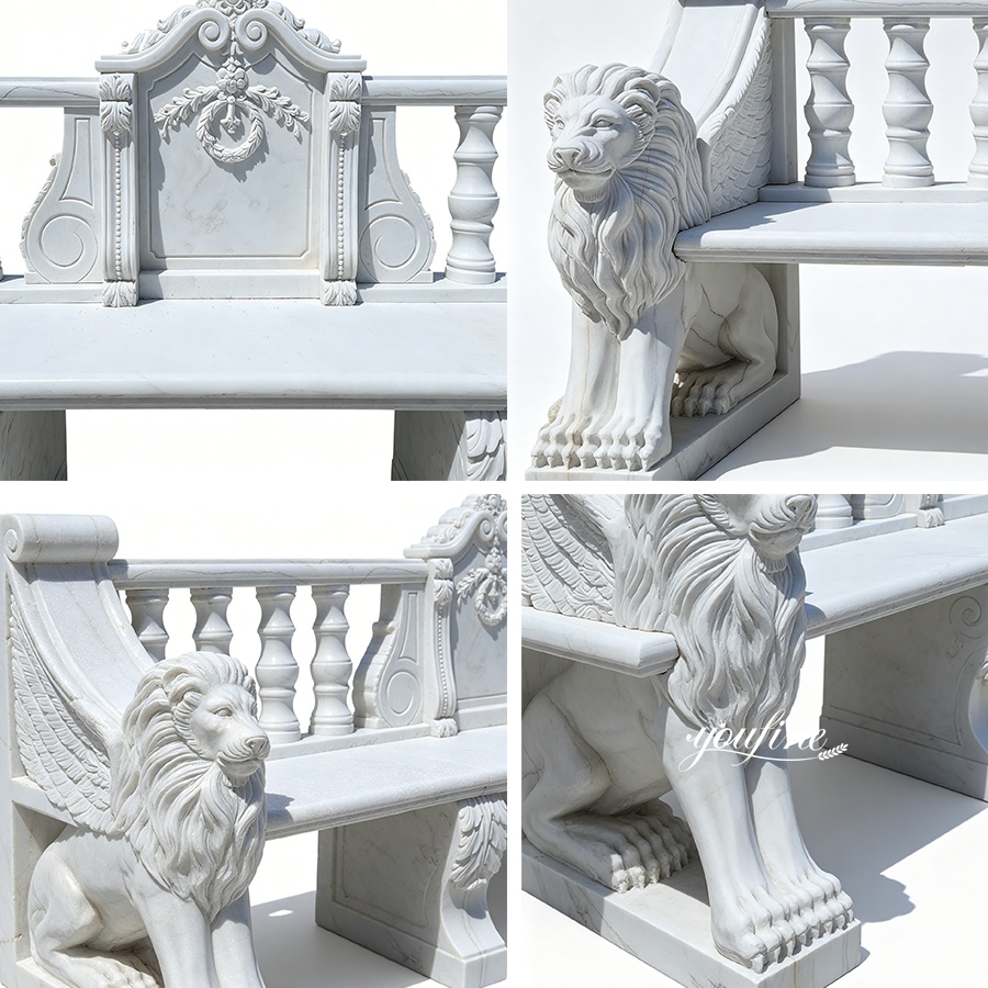 White marble bench featuring intricate carvings, lion sculptures, winged accents, and decorative railing in a classic design.