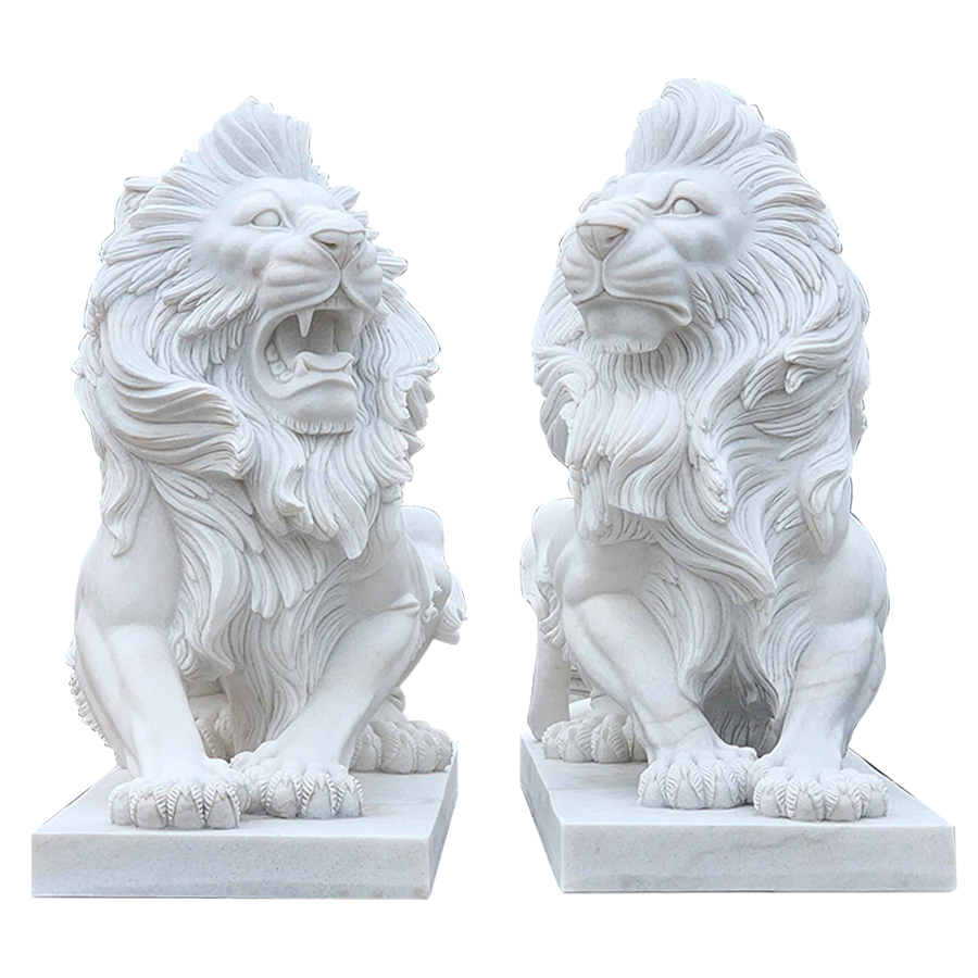 Pair of meticulously carved white marble lion statues, featuring intricate mane details and a commanding presence, on rectangular bases.