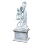 Detailed white marble sculpture depicting a romantic scene with two figures on a decorative pedestal, showcasing graceful craftsmanship.