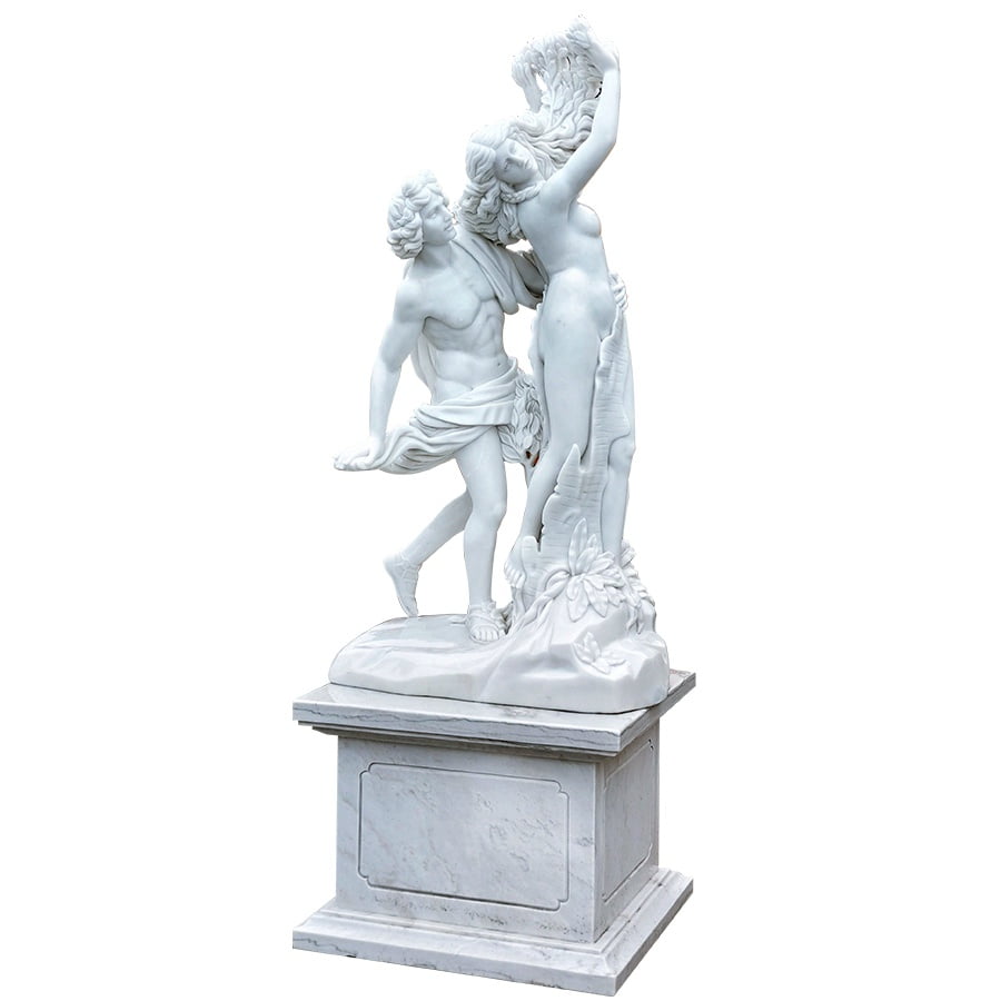 Detailed white marble sculpture depicting a romantic scene with two figures on a decorative pedestal, showcasing graceful craftsmanship.