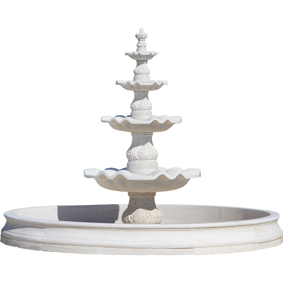 A four-tiered white marble fountain with ornamental carvings and a circular basin, showcasing a luxurious design ideal for outdoor spaces.