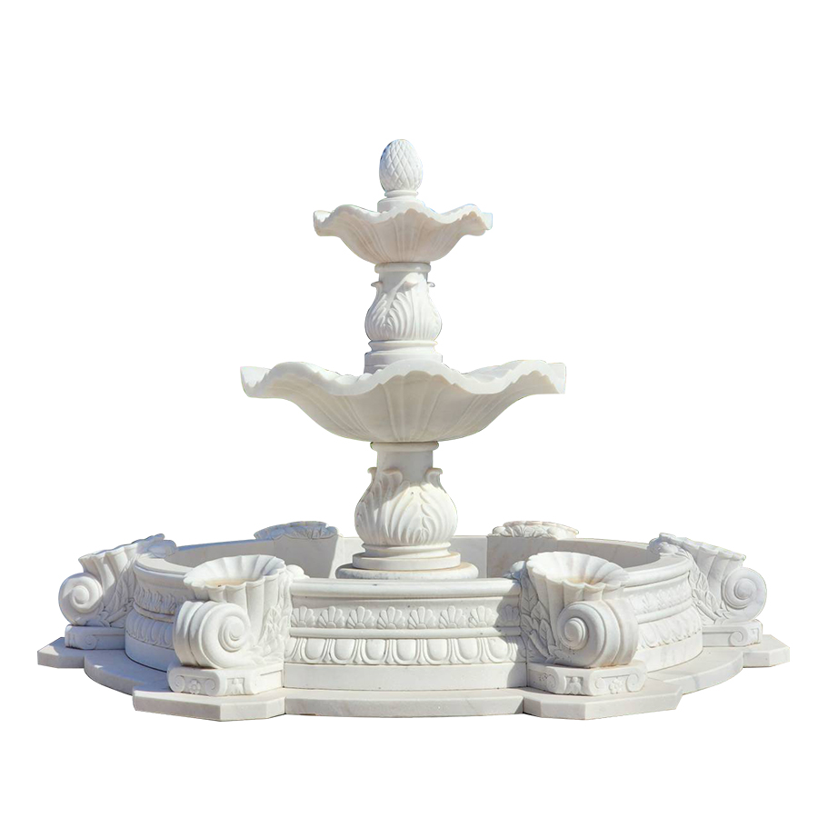 A white marble tiered fountain with intricate carvings, circular basin, and ornamental details, ideal for outdoor decoration.