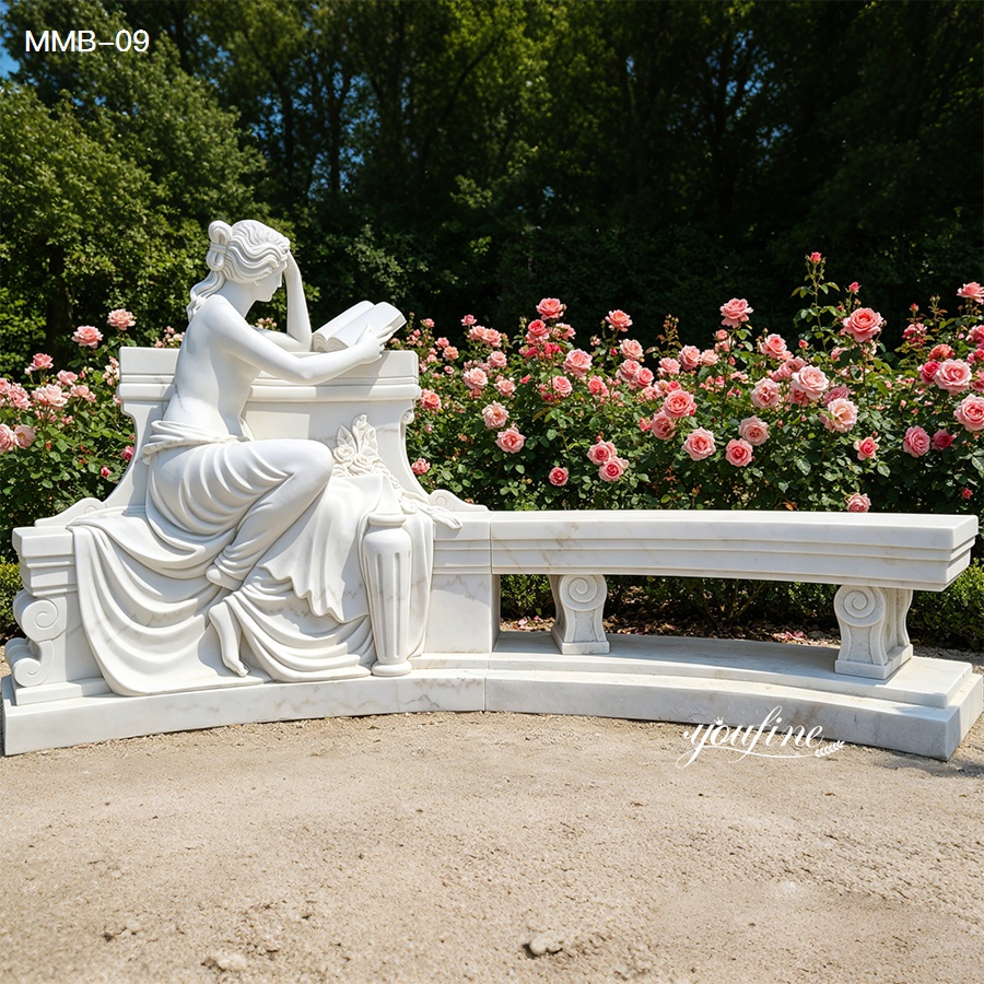 Elegant white marble sculpture of a seated woman reading on a decorative bench, surrounded by vibrant rose bushes in a serene garden.