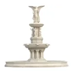 A finely carved marble fountain featuring an angel sculpture atop a tiered design with intricate detailing.