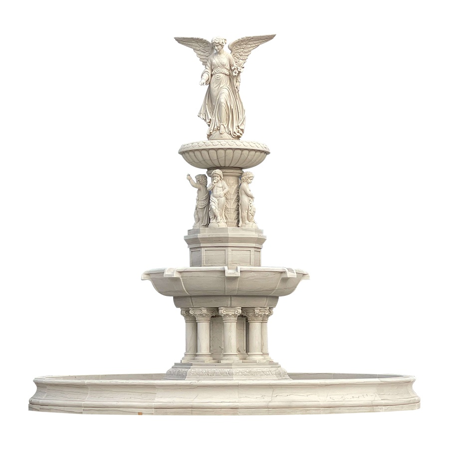 A finely carved marble fountain featuring an angel sculpture atop a tiered design with intricate detailing.