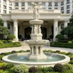 A marble fountain with an angel sculpture atop, surrounded by intricate statues and water features in a luxurious courtyard.