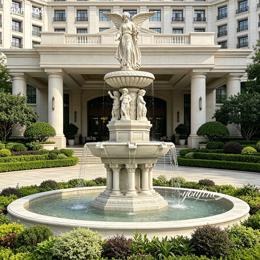 A marble fountain with an angel sculpture atop, surrounded by intricate statues and water features in a luxurious courtyard.