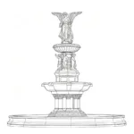 Intricate black and white sketch of a multi-tiered fountain featuring an angel statue on top and detailed ornamental carvings.