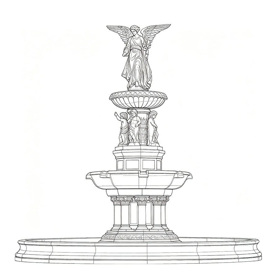 Intricate black and white sketch of a multi-tiered fountain featuring an angel statue on top and detailed ornamental carvings.