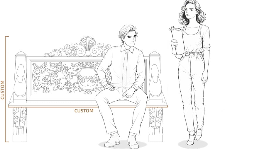 Custom Design Process-A detailed sketch showcasing a custom-designed marble bench with ornate carvings, accompanied by two human figures for scale.