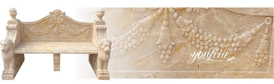 Exquisitely crafted marble bench with floral and garland carvings, perfect for enhancing outdoor or indoor spaces.