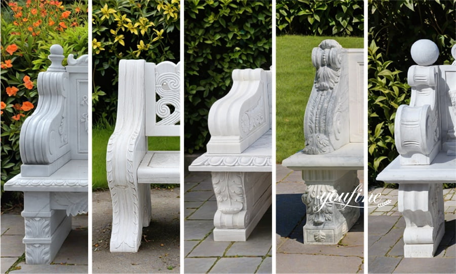 A set of decorative marble bench designs with detailed carvings, perfect for high-end outdoor spaces.