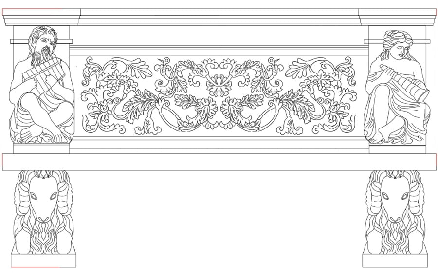 Design Example 1-Line drawing of an elegant decorative marble mantel with ornate styling, perfect for high-end interiors.