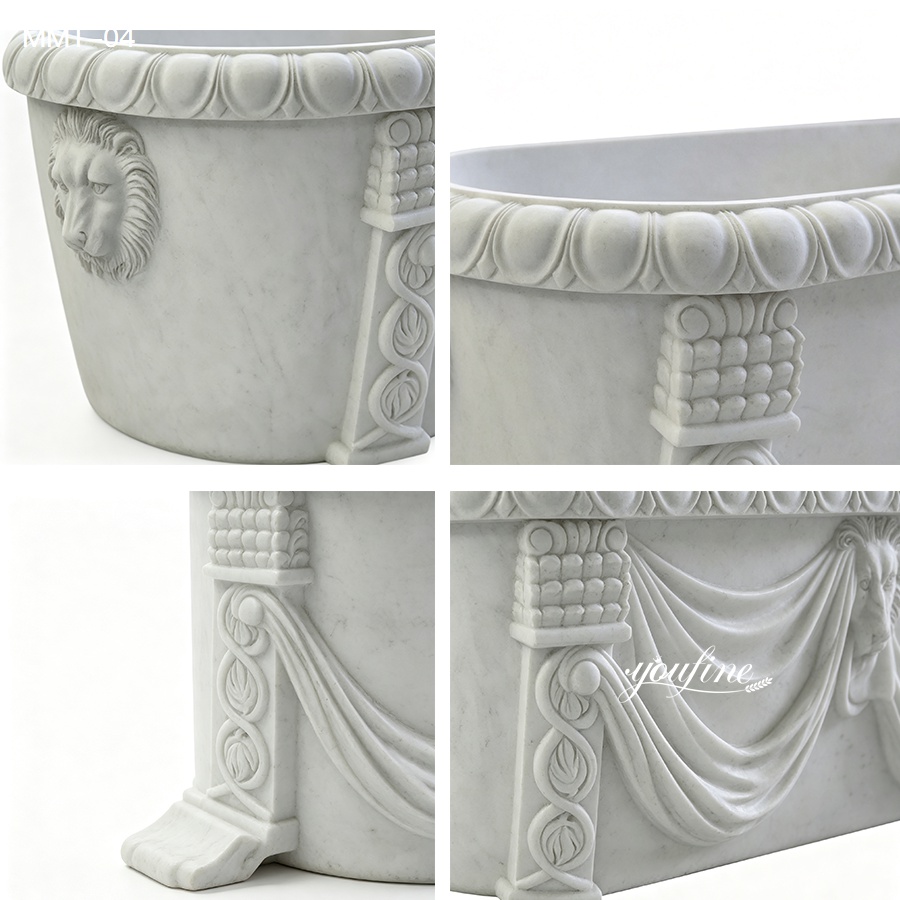 Detailed view of a decorative marble planter featuring intricate lion head, drapery, and column carvings with elegant designs.
