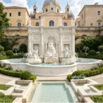 Ornate marble fountain with classical sculptures in a garden setting, backed by a European-style building with a dome.