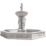 A luxurious white marble tiered fountain featuring detailed female sculptures and floral carvings on its octagonal base.
