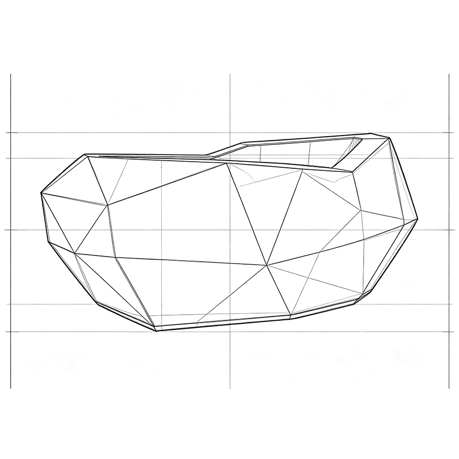 Line drawing of a modern geometric bathtub with angular, faceted surfaces against a grid background.
