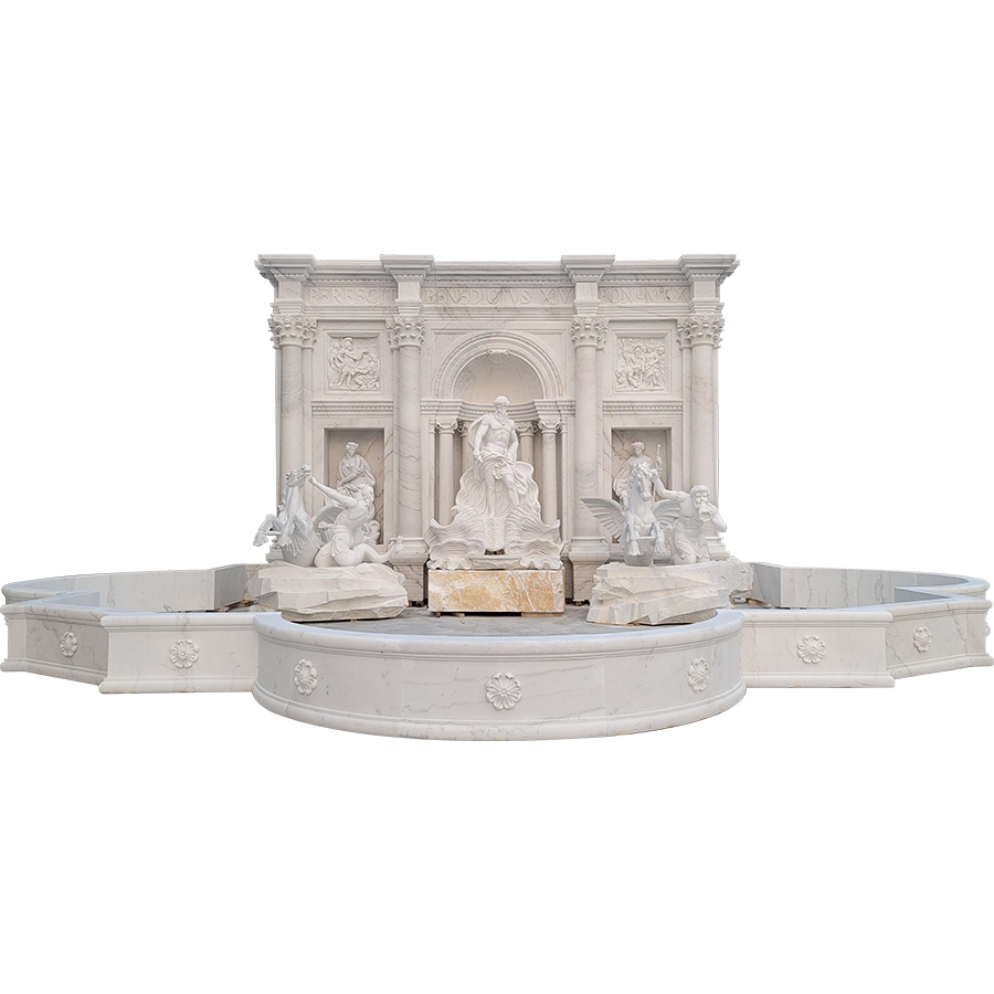 A grand marble fountain featuring detailed sculptures of figures, ornate columns, and artistic designs, ideal for luxury settings.