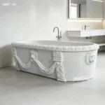 Elegant marble bathtub with ornate lion head carvings and draped motifs in a modern bathroom setting.
