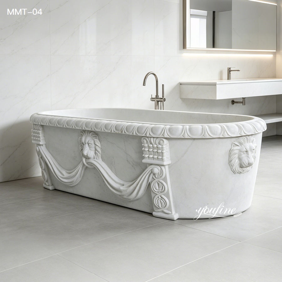 Elegant marble bathtub with ornate lion head carvings and draped motifs in a modern bathroom setting.