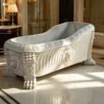 Exquisitely carved marble bathtub featuring intricate lion motifs, Roman-style design, and elegant craftsmanship in a luxurious interior.
