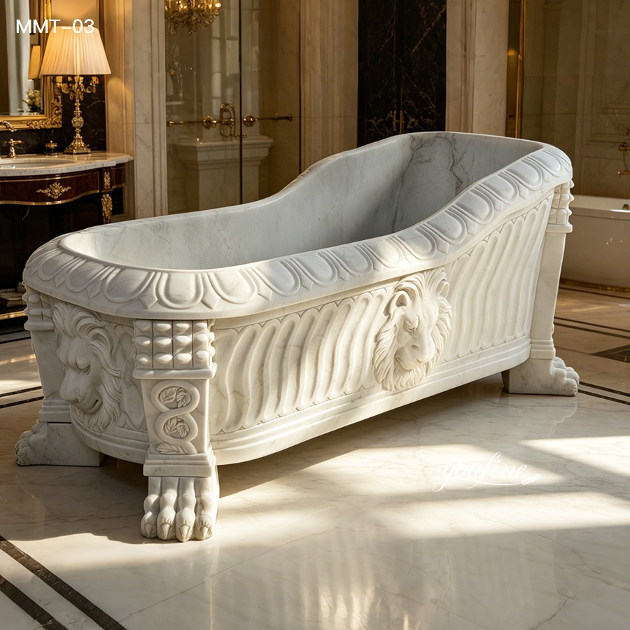 Exquisitely carved marble bathtub featuring intricate lion motifs, Roman-style design, and elegant craftsmanship in a luxurious interior.