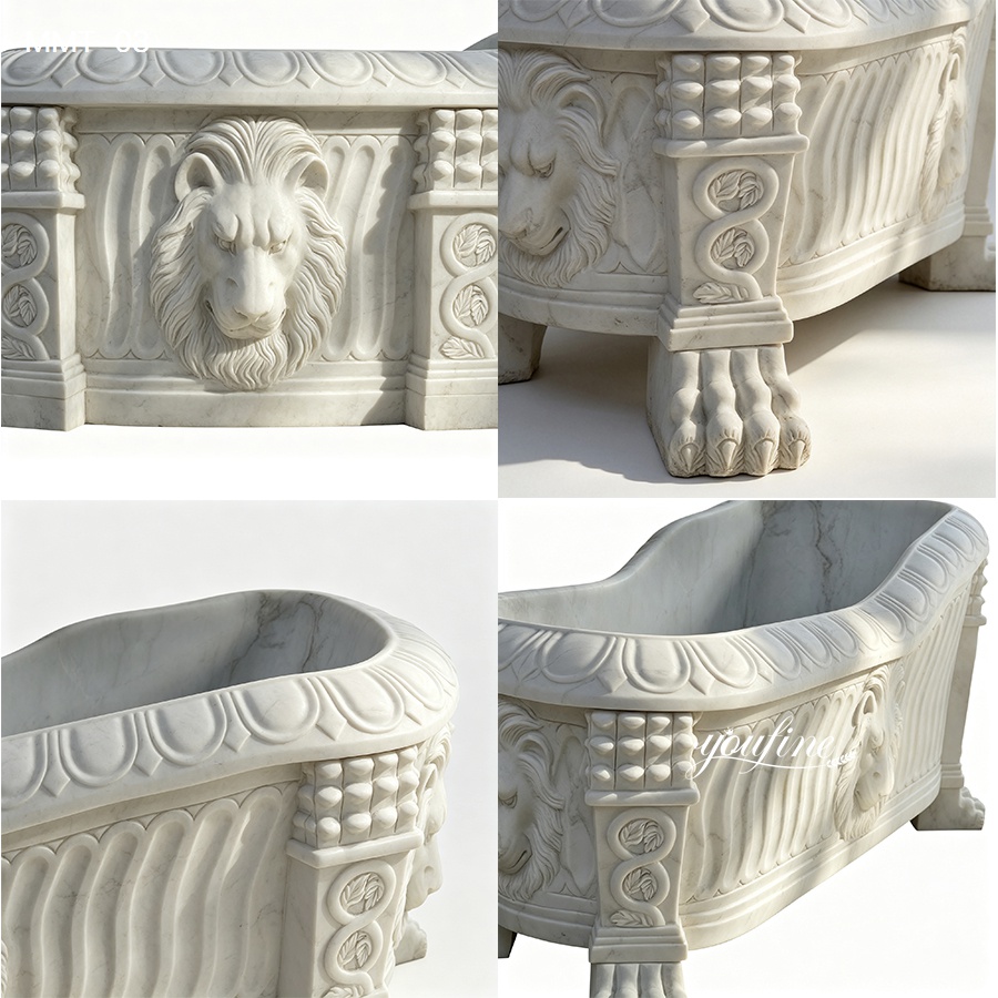 Exquisite white marble bathtub with intricate lion head carvings, decorative patterns, and ornate claw-foot design.