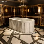 Ornate white marble bathtub with fluted design in a luxurious bathroom featuring patterned marble floors and gold-accented decor.