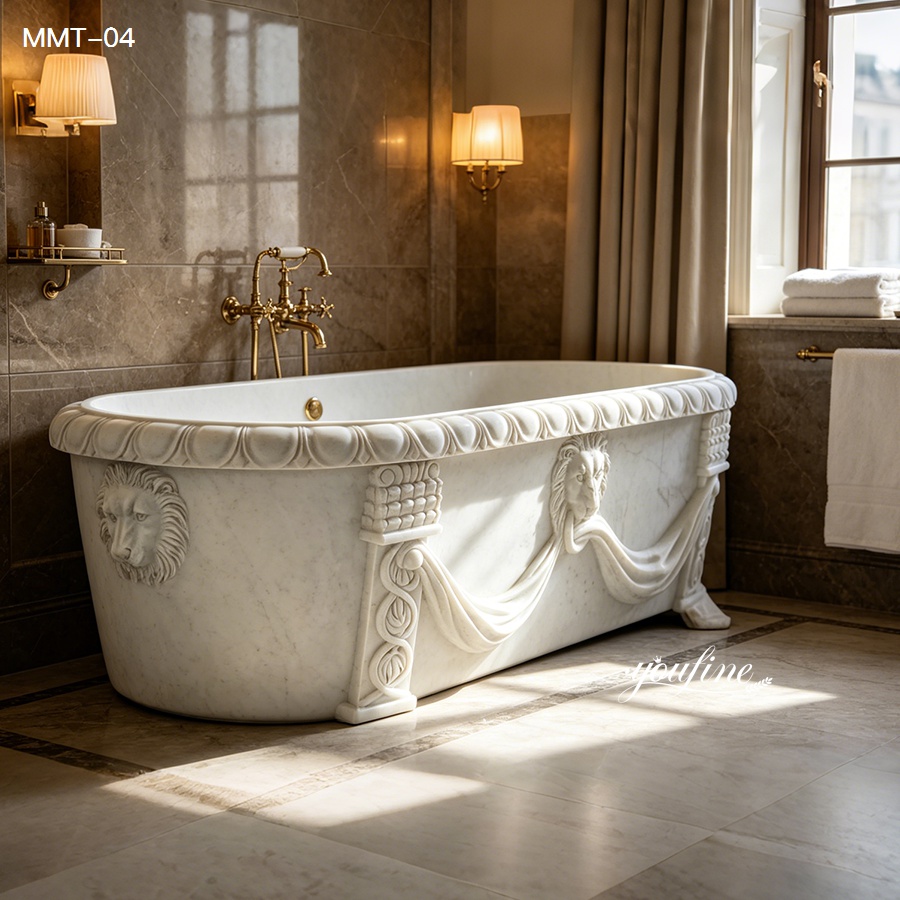 Luxurious white marble bathtub adorned with intricate lion head carvings and draped accents in an elegant bathroom setting.