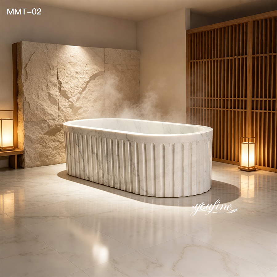 Elegant white marble bathtub emitting steam, set in a tranquil room with stone and wooden accents, illuminated by soft lighting.