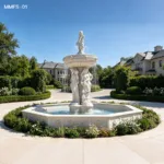 Elegant white marble fountain featuring detailed sculptures of female figures, set in a landscaped garden with a luxurious mansion in the background.
