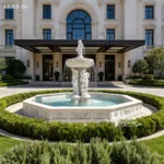 An intricately carved white marble fountain featuring classical figures, placed in the landscaped garden of a luxury mansion entrance.