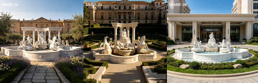 Three stunning marble fountains showcasing intricate sculptures and detailed designs in lush and elegant environments.