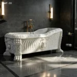 Exquisite marble bathtub featuring intricate lion carvings, sculpted feet, and elegant details in a modern bathroom setting.