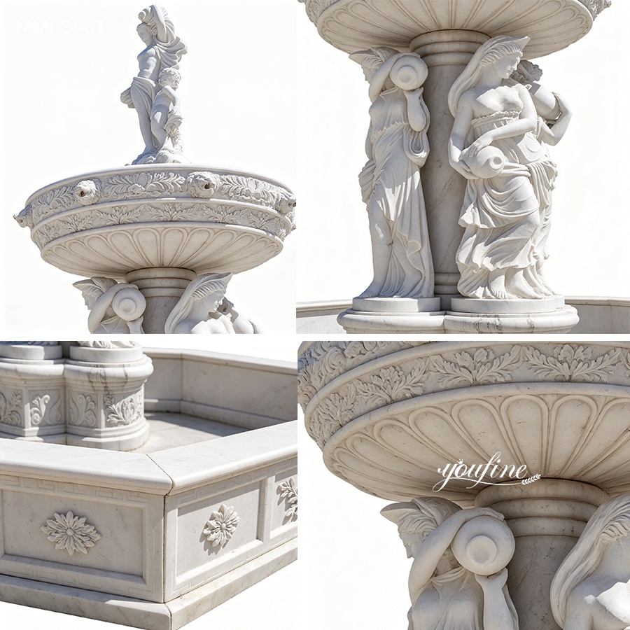 A luxury marble tiered fountain featuring intricate floral and figure carvings, showcasing elegant craftsmanship and classical design.