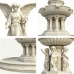 Detailed marble sculpture featuring an angel with wings, intricate fountain elements, and cherub figures in classic design.