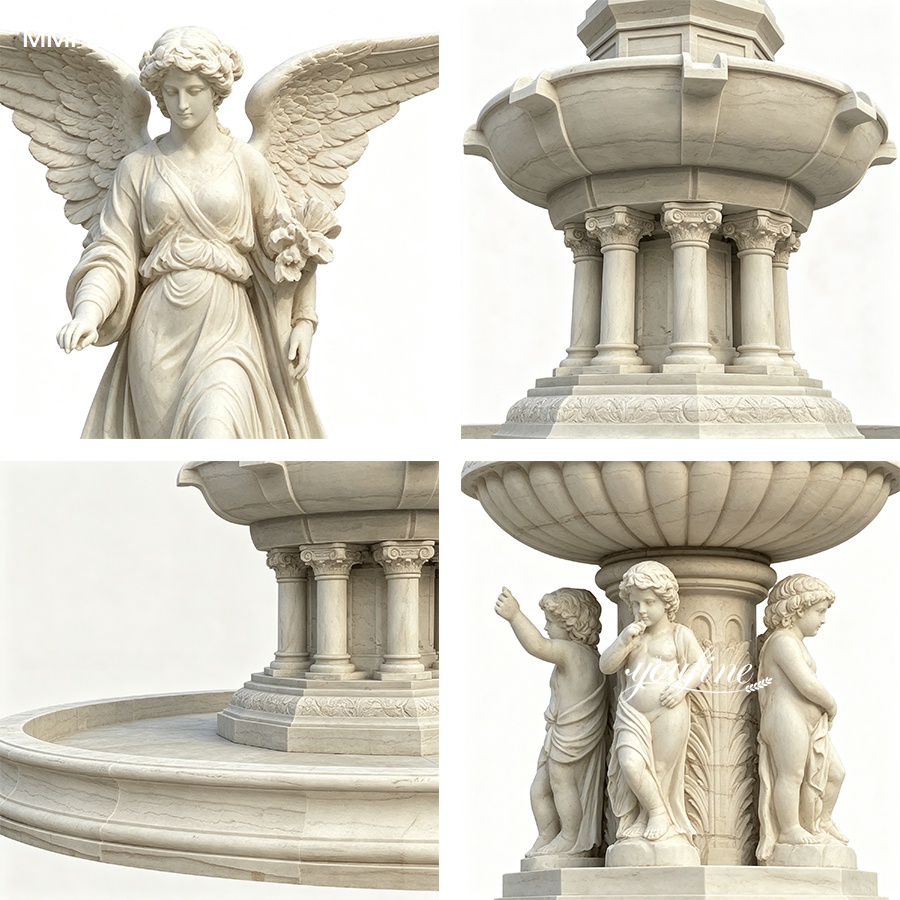 Detailed marble sculpture featuring an angel with wings, intricate fountain elements, and cherub figures in classic design.