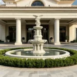 Ornate marble fountain with angel statue centerpiece, surrounded by trimmed greenery and located in front of a grand building facade with columns.