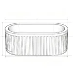Technical sketch of an oval-shaped marble bathtub with ribbed exterior design and precise measurements for manufacturing.