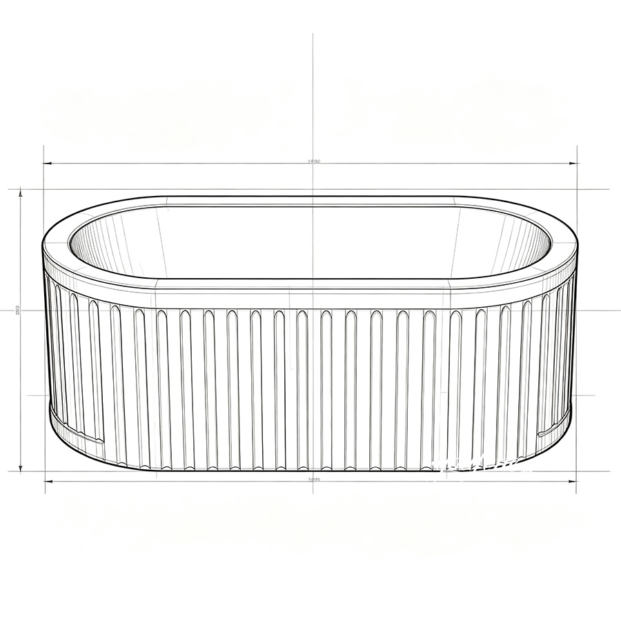 Technical sketch of an oval-shaped marble bathtub with ribbed exterior design and precise measurements for manufacturing.