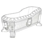 Outline illustration of a luxurious marble bathtub featuring intricate lion head motifs and classical detailing.