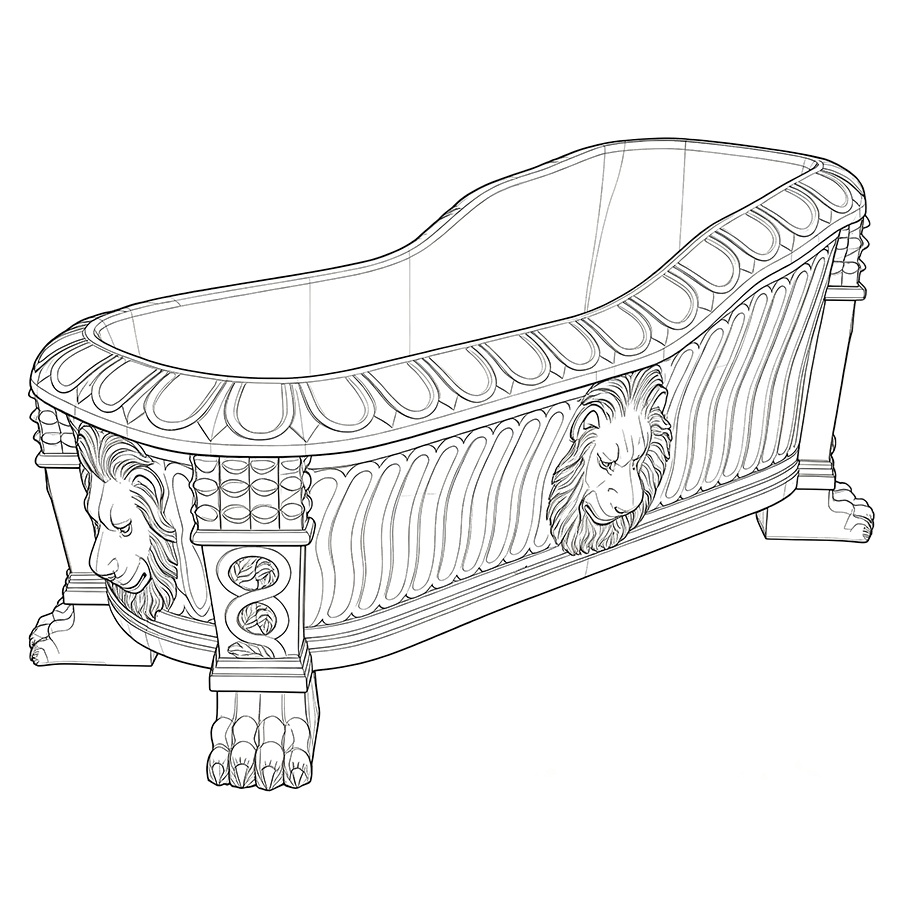 Outline illustration of a luxurious marble bathtub featuring intricate lion head motifs and classical detailing.