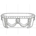 Detailed sketch of a marble bathtub featuring ornate lion relief and flowing drapery accents on a decorative base.