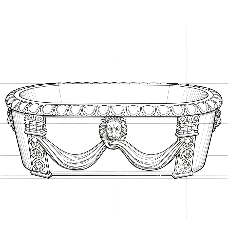 Detailed sketch of a marble bathtub featuring ornate lion relief and flowing drapery accents on a decorative base.