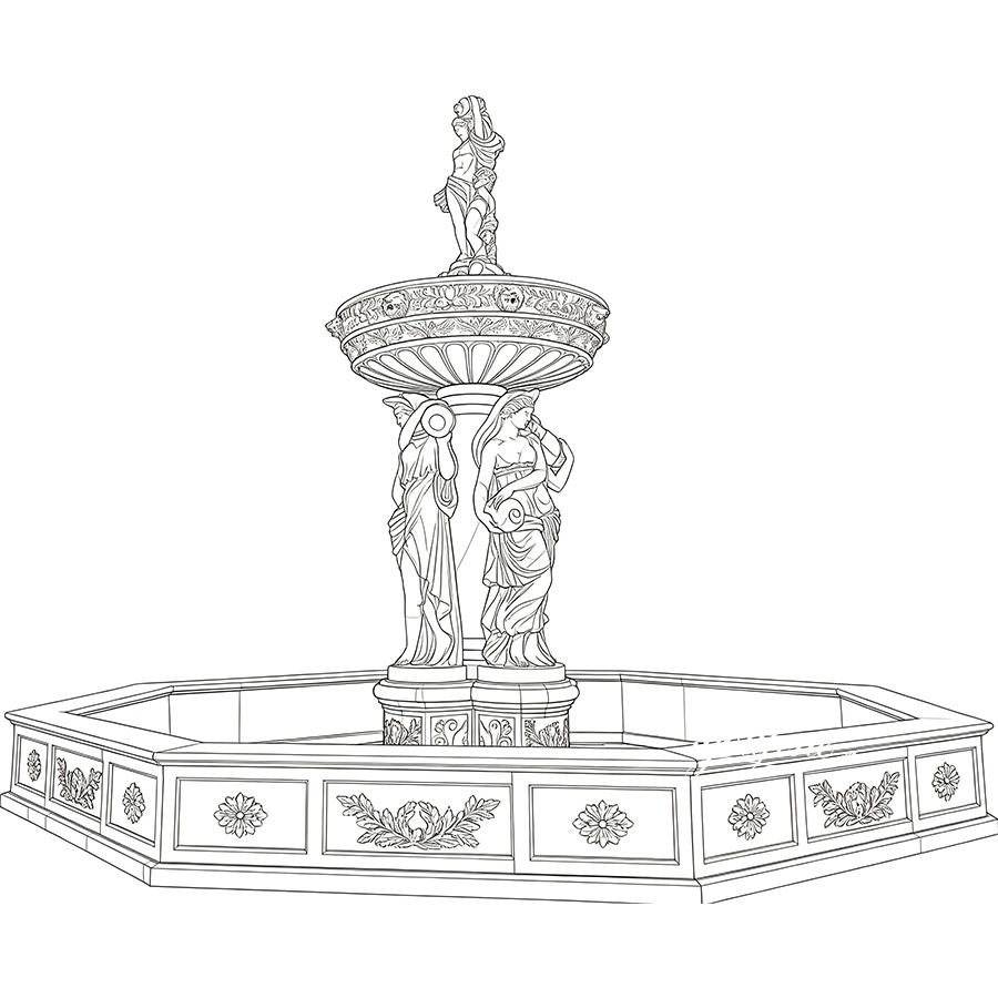 Detailed sketch of an ornate marble fountain with intricate patterns and classical figures, designed for luxurious settings.